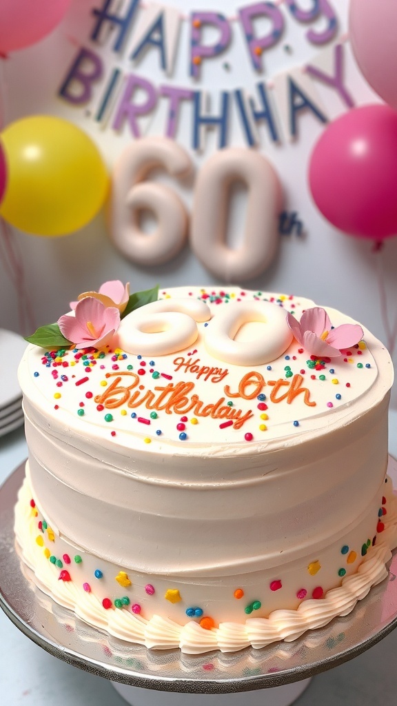 A decorated buttercream cake for a 60th birthday with pastel frosting and sprinkles.